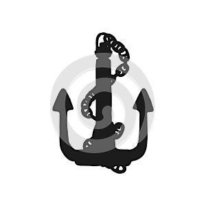 Silhouette of anchor with iron chain. Vector black white doodle sketch isolated illustration.