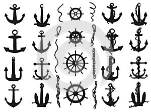 Silhouette anchors, rudders and ropes vector set. Black white doodle sketch outline isolated illustration.