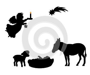 Silhouette angel babe lamb donkey and christmas star