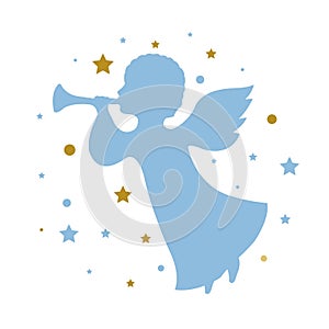 Silhouette Angel With Trumpet And Stars Isolated
