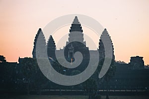 Silhouette of Angkor Wat at sunrise, the best time in the morning at Siem Reap, Cambodia