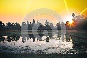 Silhouette of Angkor Wat at sunrise, the best time in the morning at Siem Reap, Cambodia