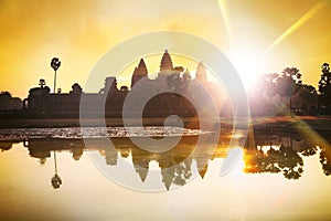 Silhouette of Angkor Wat at sunrise, the best time in the morning at Siem Reap, Cambodia