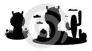 Silhouette animal. Llama Alpaca with cacti and clouds and sheep in grass with flowers. Black hand drawn. Vector