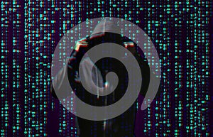 Silhouette of anonymous hacker and digital binary code on dark background. Cyber attack concept
