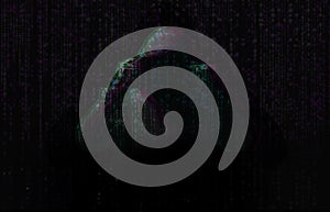 Silhouette of anonymous hacker and digital binary code on dark background. Cyber attack concept