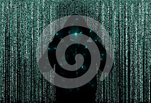 Silhouette of anonymous hacker and digital binary code on dark background. Cyber attack concept