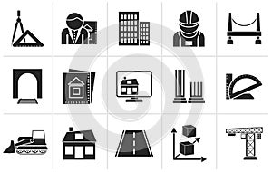 Silhouette architecture and construction icons