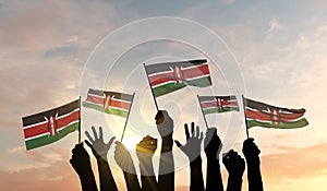 Silhouette of arms raised waving a Kenya flag with pride. 3D Rendering