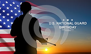 Silhouette of army soldier with USA flag on a background the sunset or the sunrise