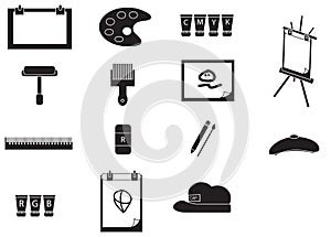 Silhouette artist painting tools icon set (vector)