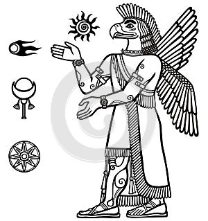 Silhouette of the Assyrian deity with a body of the person and the head of a bird. Character of Sumerian mythology.