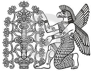 The silhouette of the Assyrian deity collects fruits from a fantastic tree.