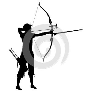 Silhouette attractive female archer bending a bow and aiming in the target