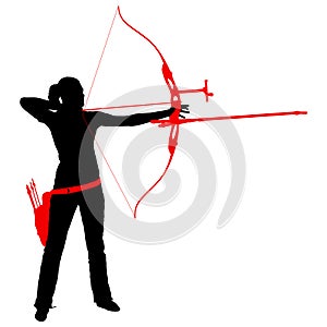 Silhouette attractive female archer bending a bow and aiming in the target