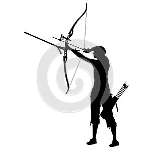 Silhouette attractive female archer bending a bow and aiming in the target