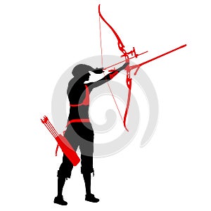 Silhouette attractive female archer bending a bow and aiming in the target