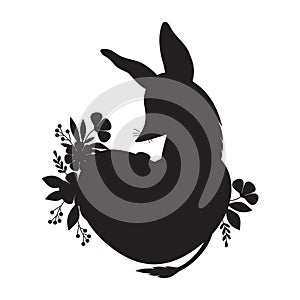 Silhouette Australian animal bilby with heart and flowers. Valentine enamored character. Black hand drawing. Vector