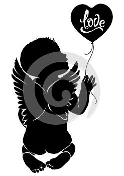 Silhouette baby angel with balloon love