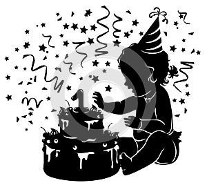 Silhouette baby girl with birthday cake with candle figure 1