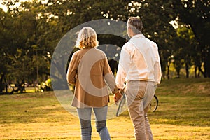 Silhouette back view of caucasian mature couple holding hand spend time together walking relaxing at park in the afternoon autumn