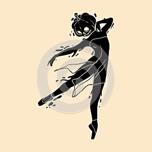 Silhouette of a ballerina, a dancer with a pumpkin instead of a head in a jump. Design element for Halloween