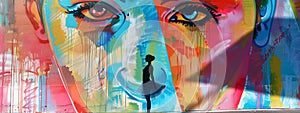 Silhouette of a ballet dancer in front of a colorful street art mural.