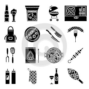 Silhouette barbecue grill cooking meat steak picnic nature party isometric design outline decorative shape icons set