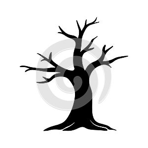 Silhouette of a bare gnarled tree against a white background.