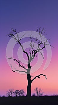 Silhouette of a bare tree against a colorful twilight sky