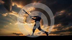 Silhouette Of A Baseball Player Hitting Ball At Dusk. Generative AI