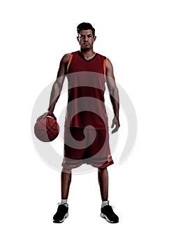 Silhouette of basketball player with ball on white background