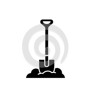 Silhouette Bayonet shovel stuck in pile of earth. Outline heap of soil and digging tool. Black simple illustration of gardening, photo
