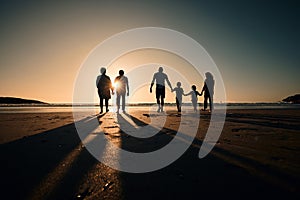 Silhouette, beach and big family holding hands in sunset on a holiday or vacation at sea or ocean together. Travel, love