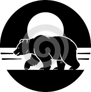 Silhouette of a bear walking in front of a large circle and sun