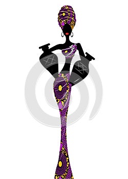 Silhouette of a beautiful African woman with a Turban and amphorae. Traditional Kente head wrap African, African ethnic dress