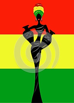 Silhouette of a beautiful African woman with a Turban and amphorae. Traditional Kente head wrap African, colorful head scarf.