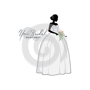 Silhouette Beautiful Bride with Flower Bouquet, Bridal Boutique Logo, Bridal Gown Logo Vector Design