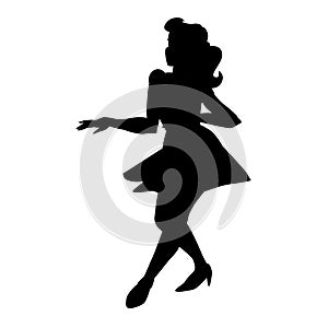 Silhouette of beautiful girl dances. For poster, flyer, studio of dances, shop of woman fashion. Vector black illustration.