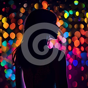 Silhouette of a beautiful girl in a nightclub with colored lights