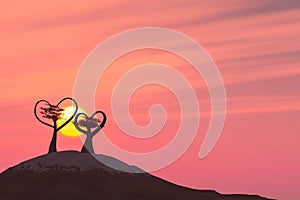 The silhouette of Beautiful Sunset and The couple Tree of Love The branches bend the heart shape, 3d Rendering