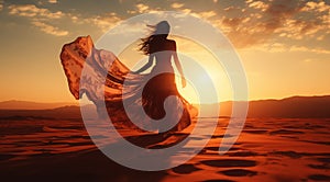 Silhouette of a beautiful woman in the desert in a long dress at sunset.