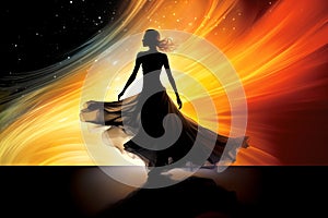 Silhouette of a beautiful woman in long dress, dancing, on flat surface, abstract red and yellow blurred background with