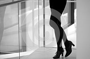 Silhouette of a beautiful woman`s legs, black pants, black shoes, office