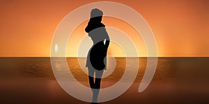 Silhouette of a beautiful woman by the sea at sunrise at dawn ai Generated, generative AI, CGI graphics