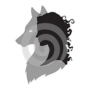 Silhouette of beautiful woman with shadow of wolf isolated. Sticker, print or tattoo design vector illustration. Pagan totem, wicc