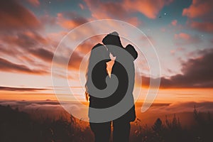 Silhouette of beautiful young couple in love on a vast flowering meadow under the night starry sky. Man and woman