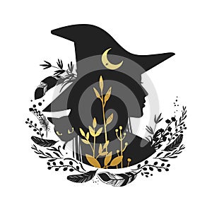 Silhouette of beautiful young witch with moon and wild herbs. Vector illustration