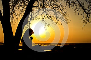 Silhouette of woman praying to God in the nature witth the Bible at sunset, the concept of religion and spirituality