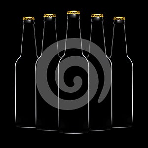Silhouette of beer bottles isolated on black background